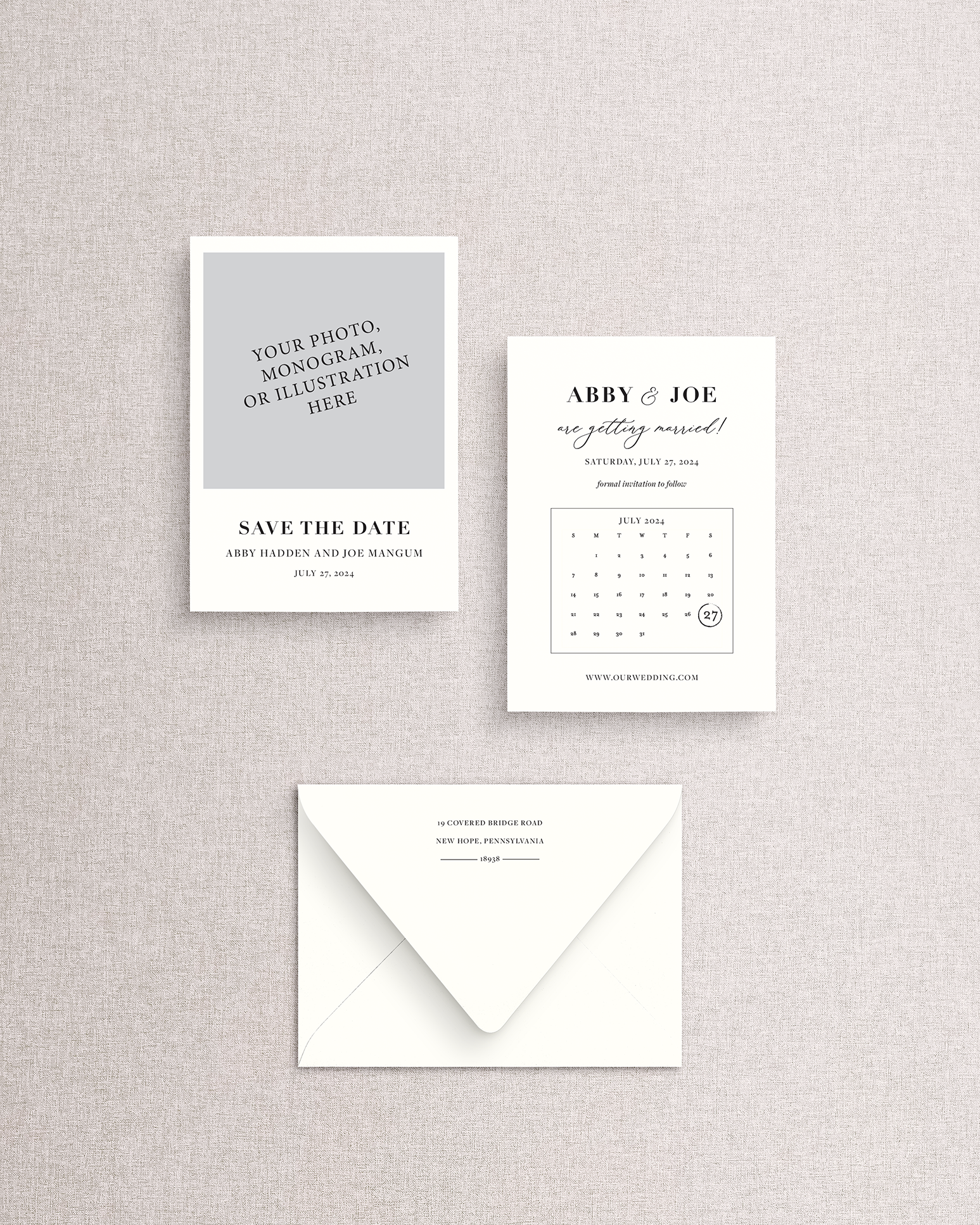 Wedding save the date with envelope on a textured gray background ready to be customized.