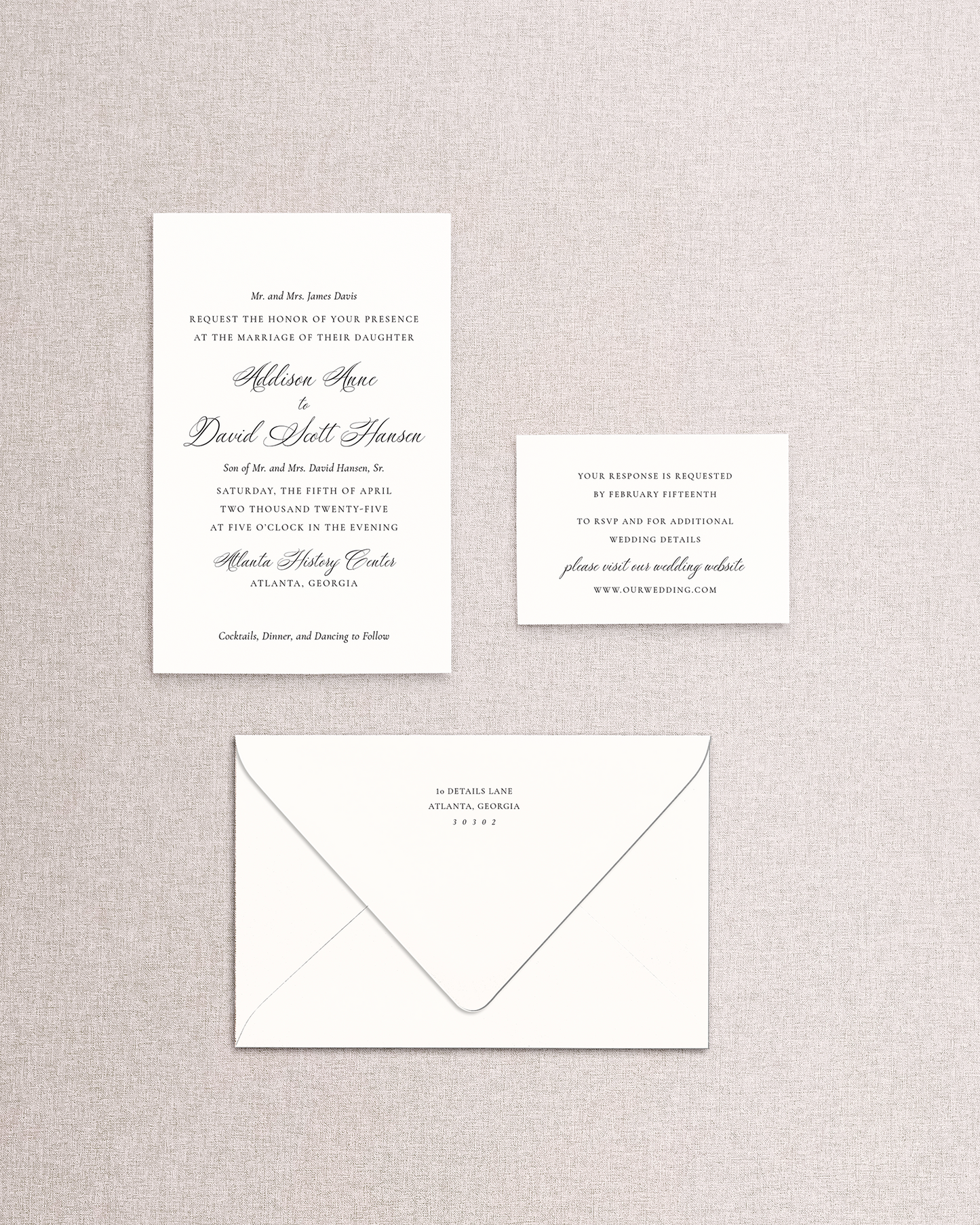 3 piece Addison suite from Stone Hill Paperie curated collection with text. Pieces shown are invitation, envelope, and online response card on a textured gray background. Next step personalize the suite with your colors, design elements, and print.