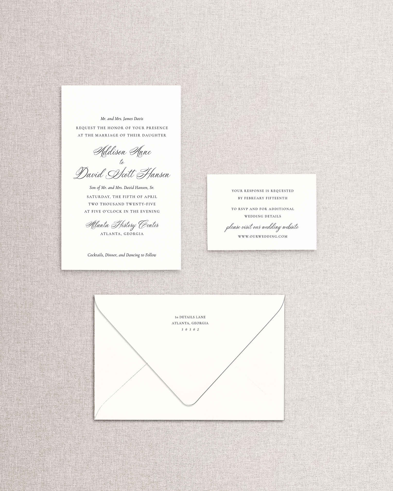 3 piece Addison suite from Stone Hill Paperie curated collection with text. Pieces shown are invitation, envelope, and online response card on a textured gray background. Next step personalize the suite with your colors, design elements, and print.