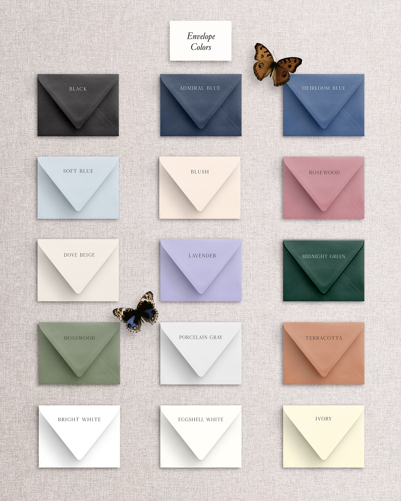 Envelope color options available for the Stone Hill Paperie curated collection. Shows 12 different envelope colors for customizing your wedding invitations.