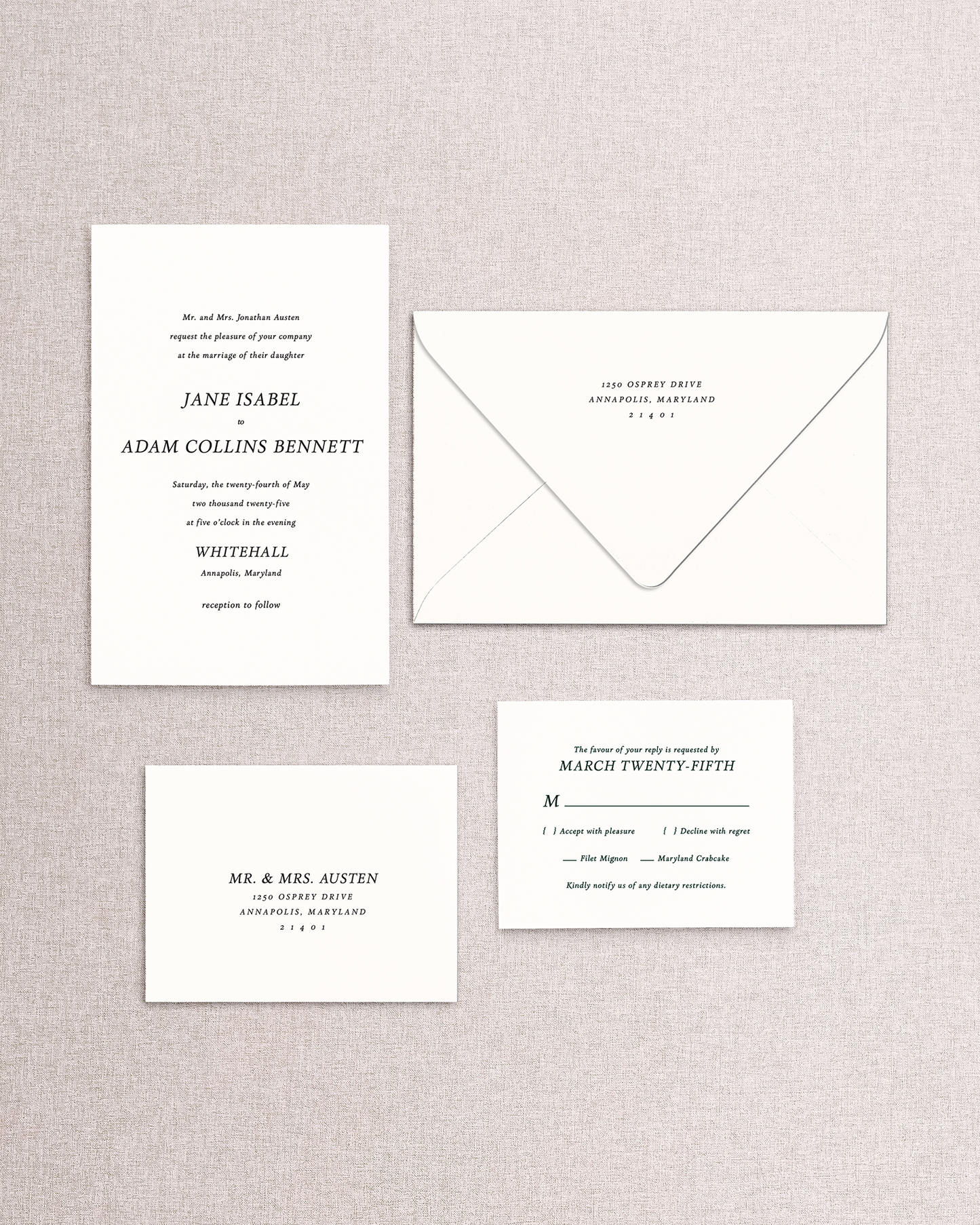 The Jane 4 piece suite from the Stone Hill Paperie curated collection. Shown in black and white and ready to be personalized with your colors and design elements. Suite shown on a beige textured background.