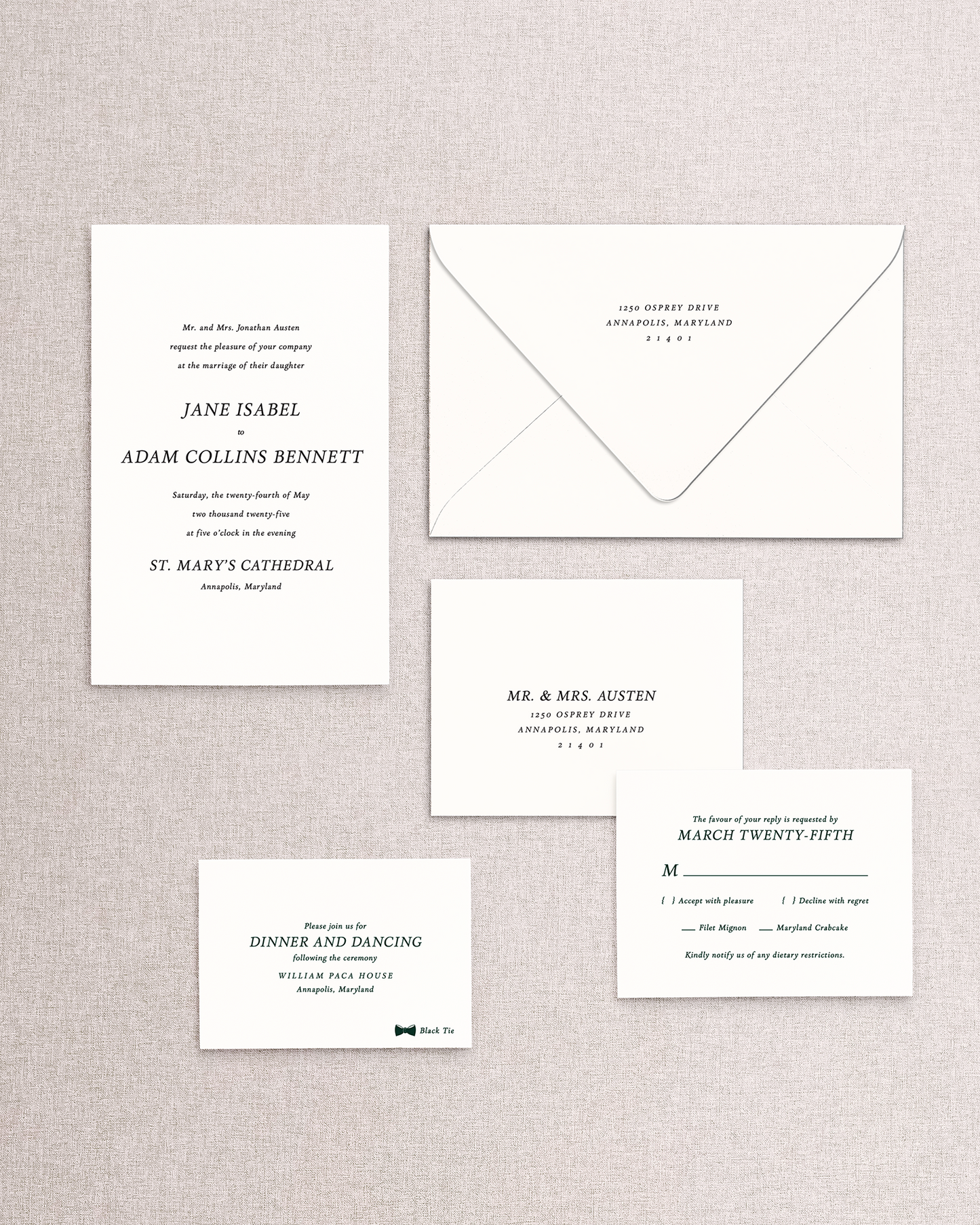 Set of the Jane 5 piece suite wedding invitations with envelope, RSVP card and envelope, and reception card on neutral taupe background