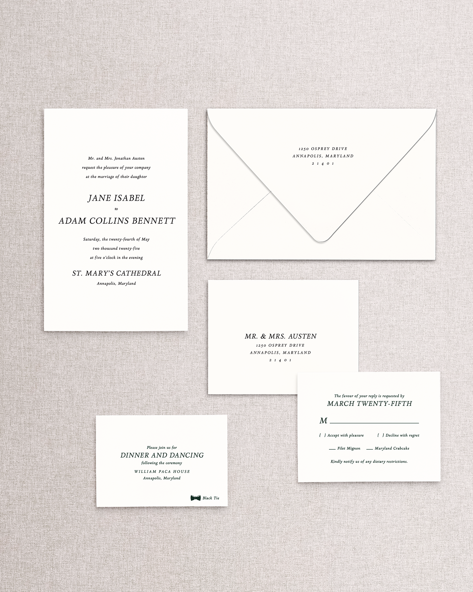 Set of the Jane 5 piece suite wedding invitations with envelope, RSVP card and envelope, and reception card on neutral taupe background