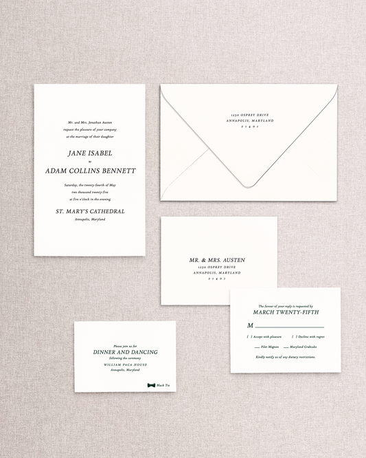Set of the Jane 5 piece suite wedding invitations with envelope, RSVP card and envelope, and reception card on neutral taupe background