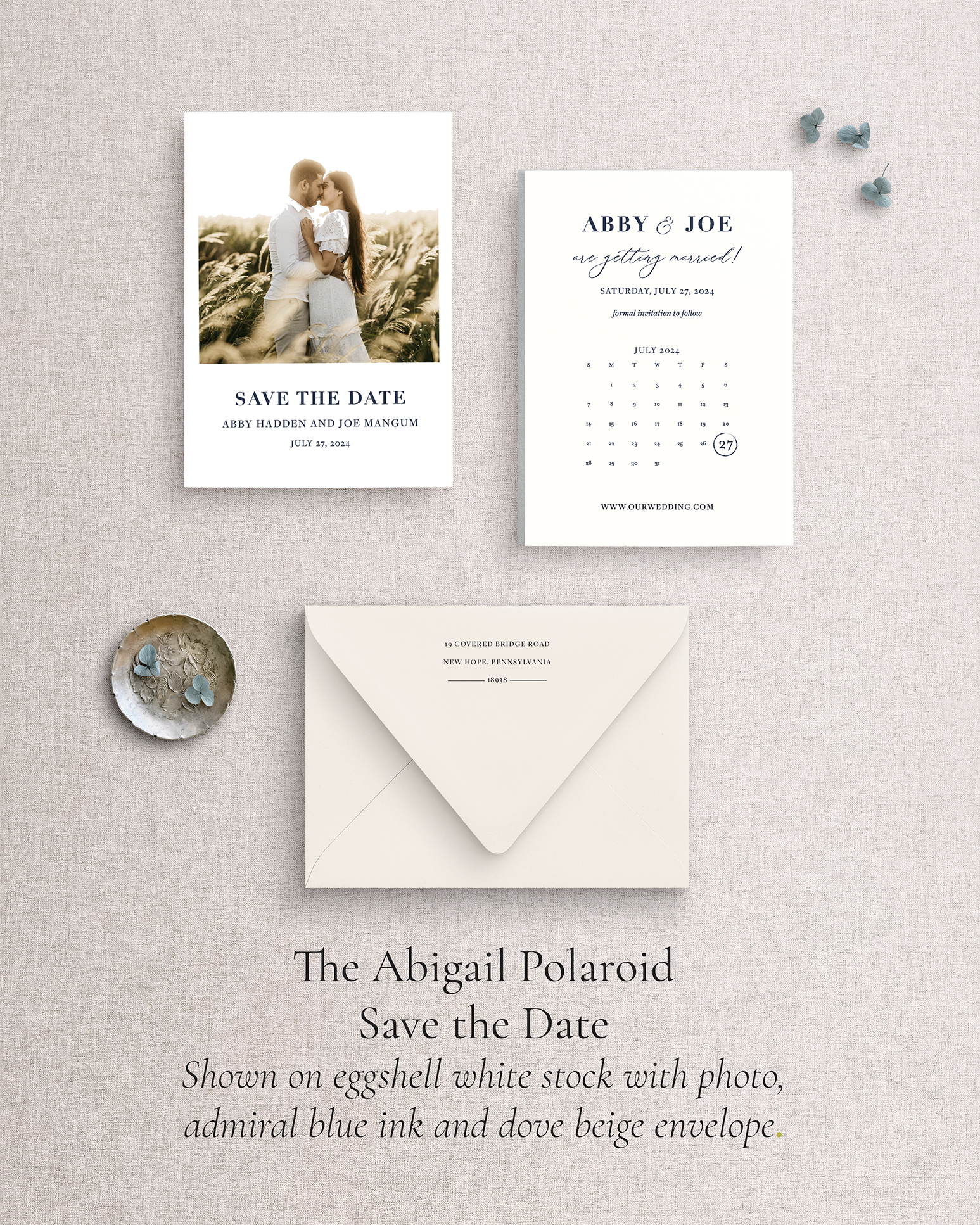 Abigail Polaroid save the date card with envelope on a textured surface