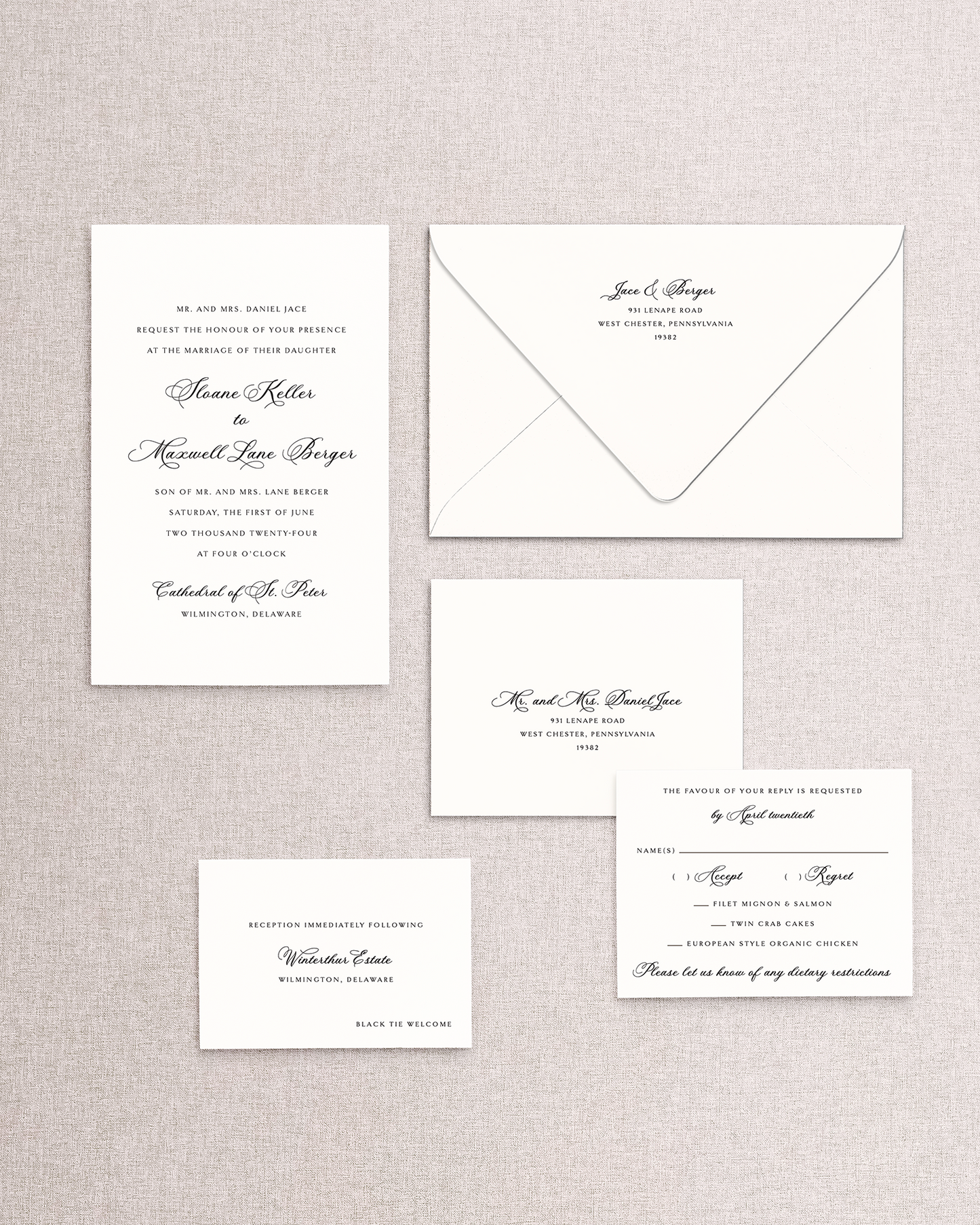 Set of formal wedding invitations and envelopes on a textured gray background. Pieces in black and white from the Stone Hill Paperie Sloane design - ready to be customized.
