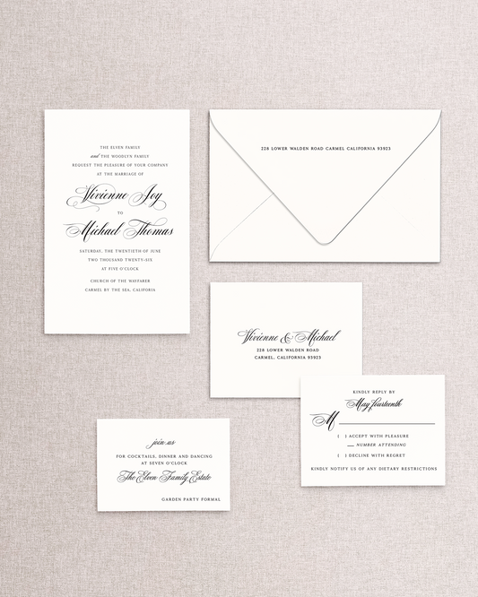 Set of wedding invitations,  reception card, and RSVP set on a textured gray background