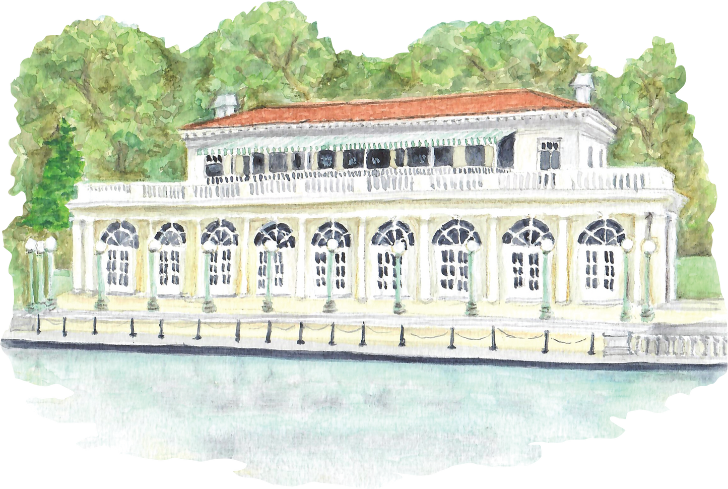 Illustration of a the Boathouse at Prospect Park with a red roof and white walls, surrounded by green trees.