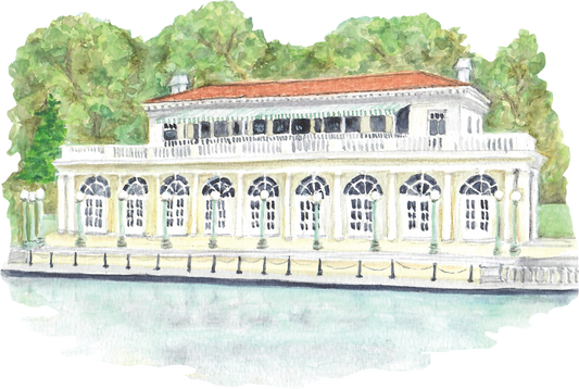 Illustration of a the Boathouse at Prospect Park with a red roof and white walls, surrounded by green trees.