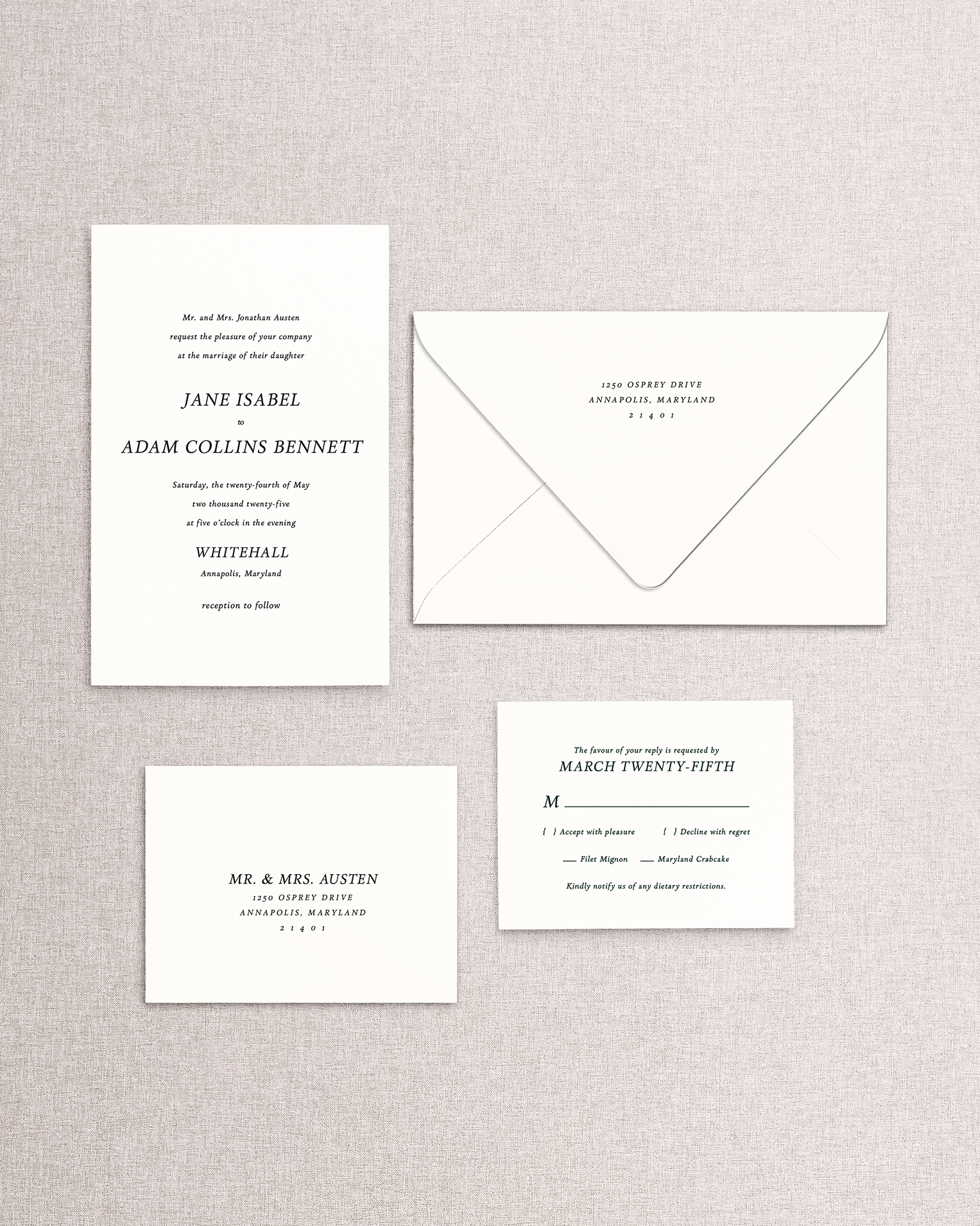 The Jane 4 piece suite from the Stone Hill Paperie curated collection. Shown in black and white and ready to be personalized with your colors and design elements. Suite shown on a beige textured background.