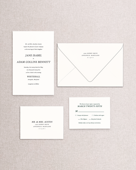 The Jane 4 piece suite from the Stone Hill Paperie curated collection. Shown in black and white and ready to be personalized with your colors and design elements. Suite shown on a beige textured background.