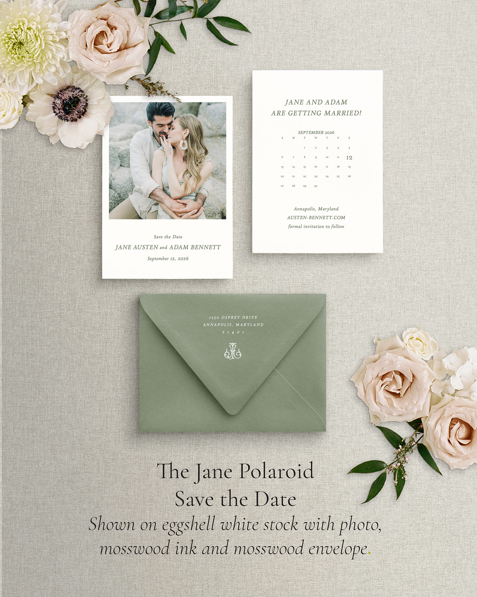 Wedding invitation set with photo, text, and envelope on a textured surface with flowers.