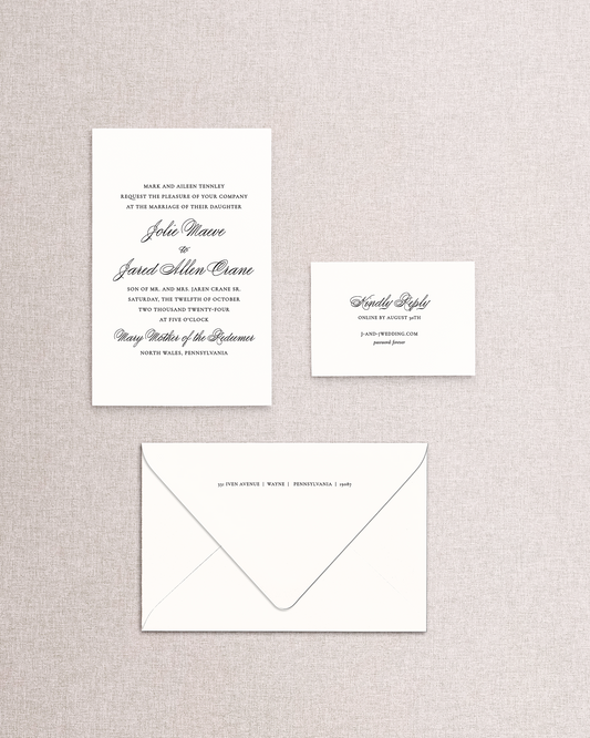 Wedding invitation set with envelope on a textured gray background