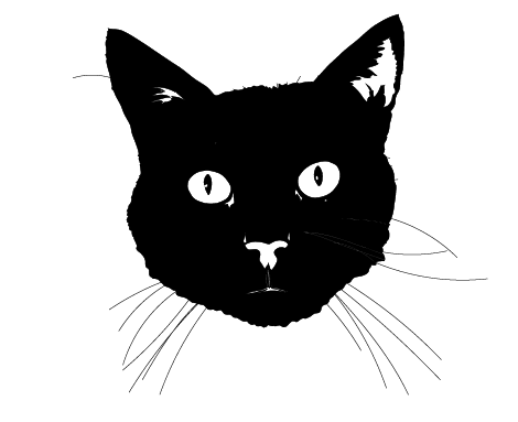 Black and white illustration of a  black cat's face on a white background