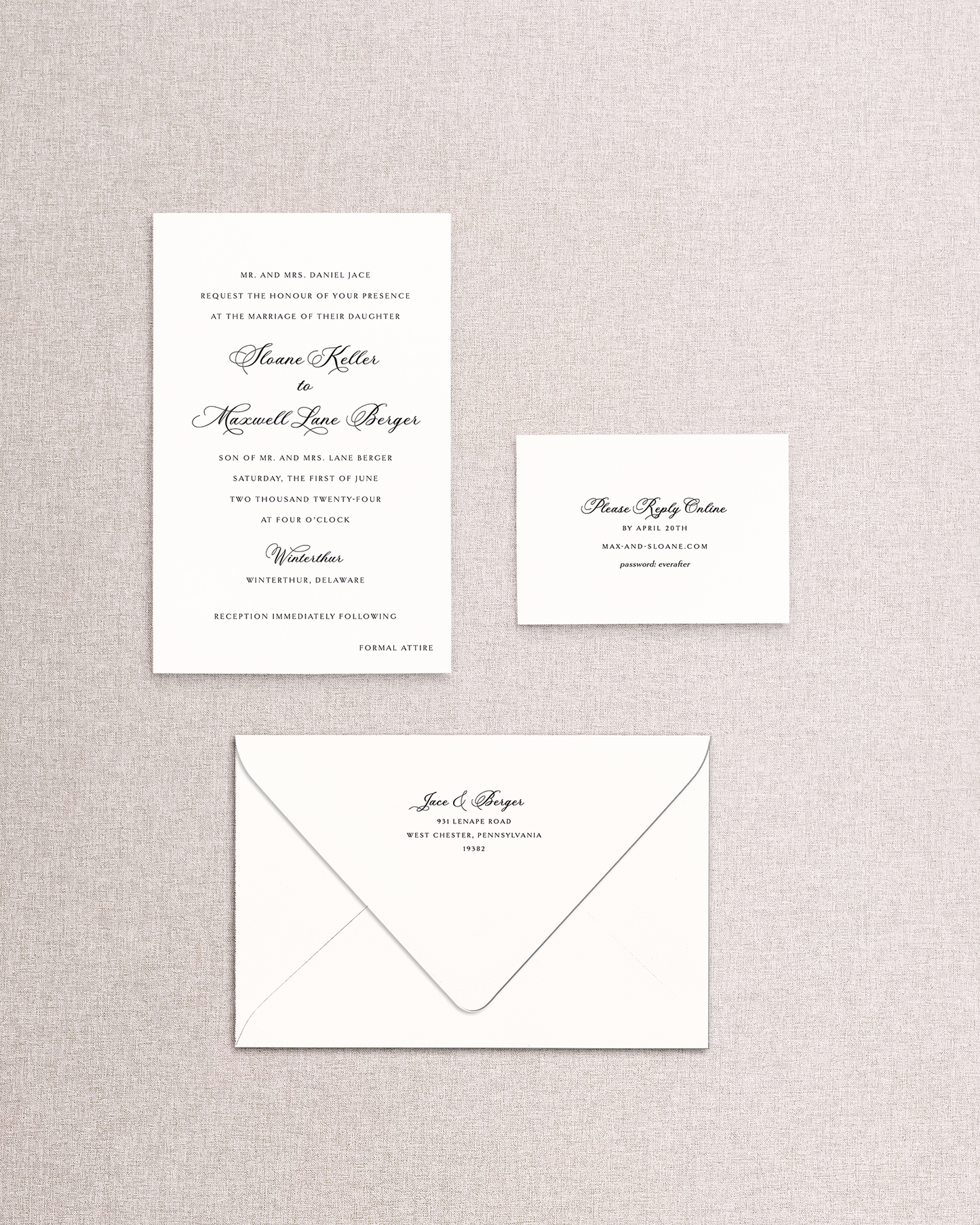 Set of wedding invitations with envelope on a textured gray background. The image includes the wedding invitation, envelope, and an online response card.