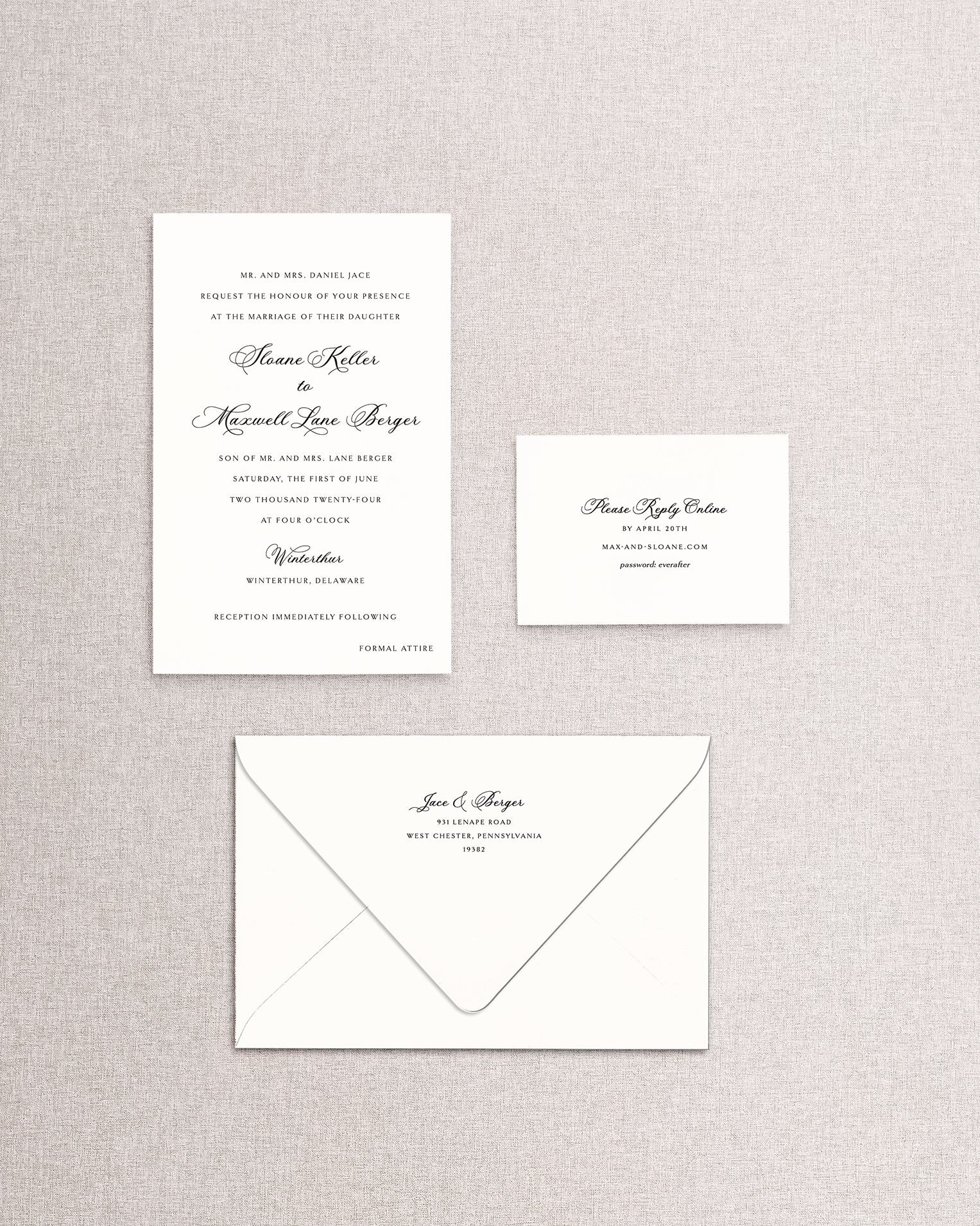 Set of wedding invitations with envelope on a textured gray background. The image includes the wedding invitation, envelope, and an online response card.