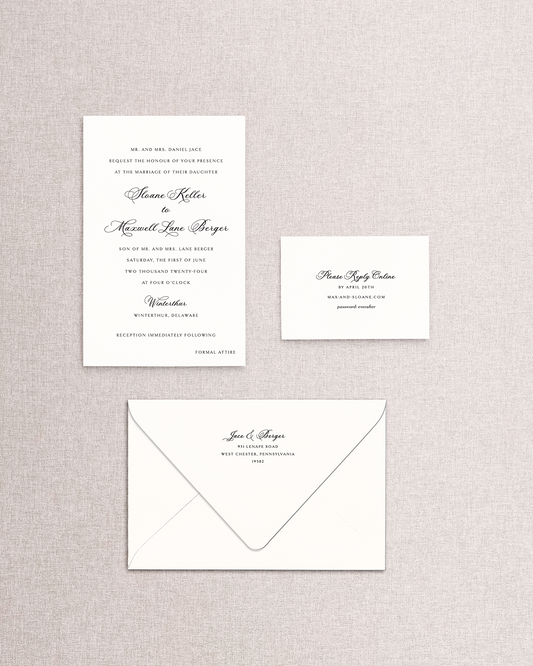 Set of wedding invitations with envelope on a textured gray background. The image includes the wedding invitation, envelope, and an online response card.