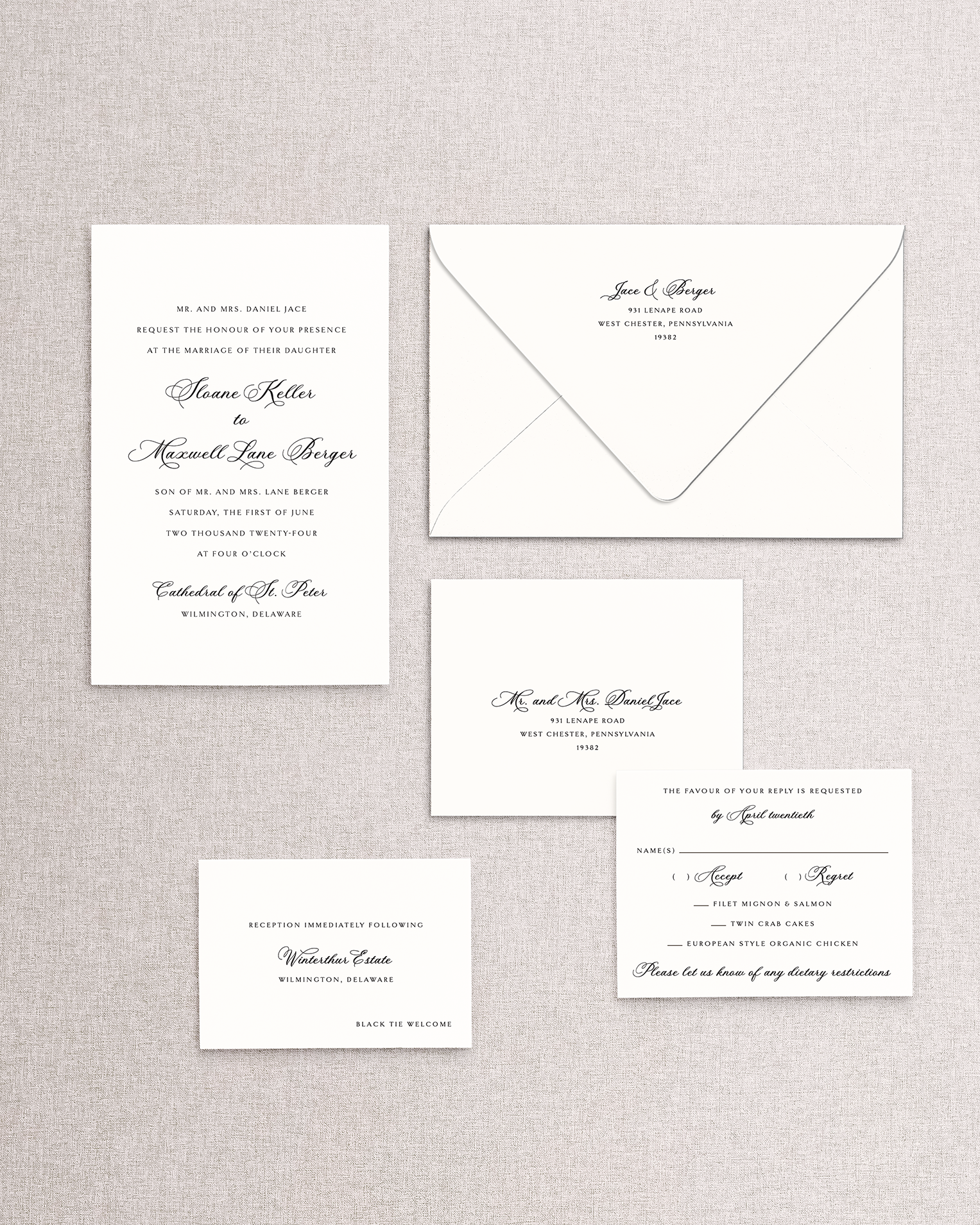 Set of formal wedding invitations and envelopes on a textured gray background. Pieces in black and white from the Stone Hill Paperie Sloane design - ready to be customized.