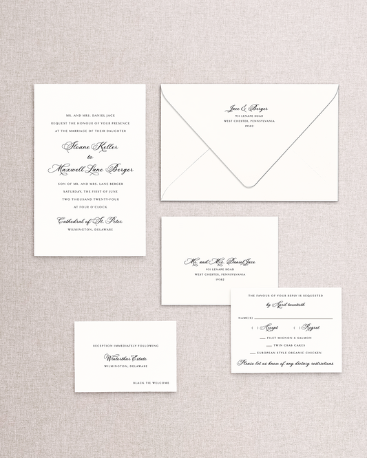 Set of formal wedding invitations and envelopes on a textured gray background. Pieces in black and white from the Stone Hill Paperie Sloane design - ready to be customized.